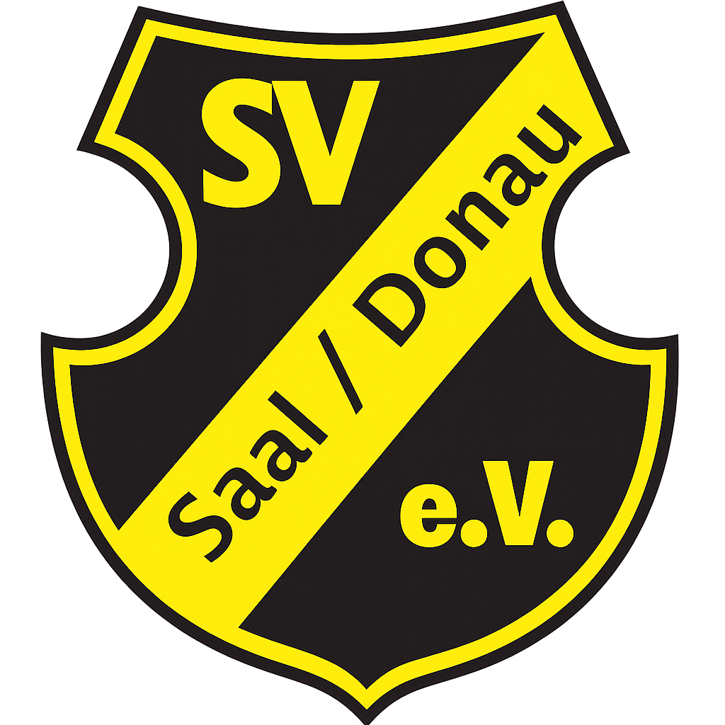 1BB98513-005B-4920-A682-833AC19D62DC Logo for SV Saal/Donau e.V., a black shield with a bold yellow diagonal stripe and yellow border, featuring the letters 'SV' and 'e.V.'